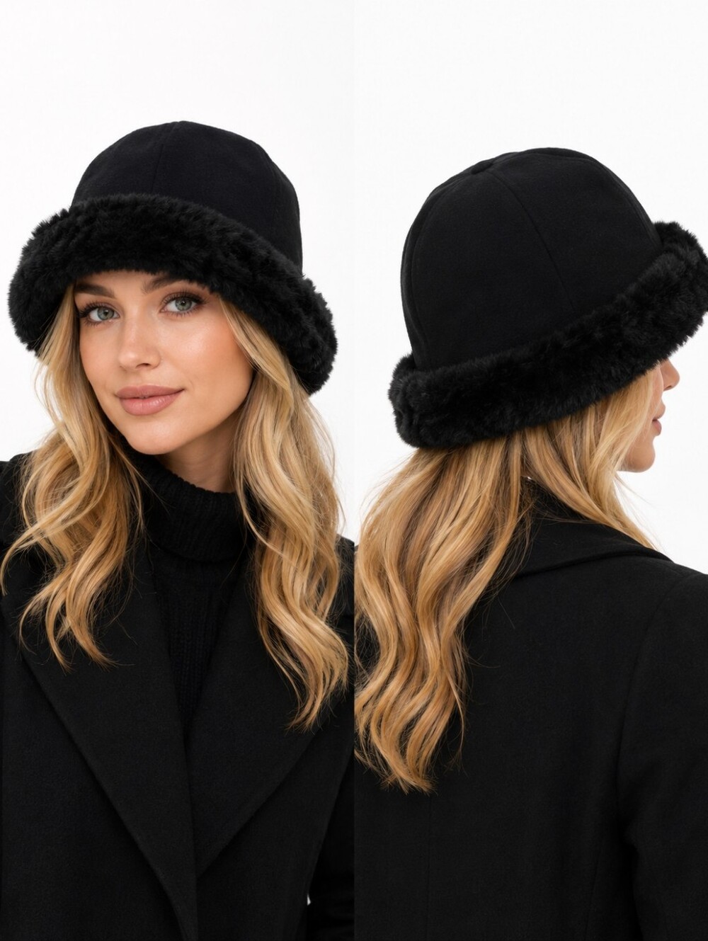 Vintage Black Faux Fur Trim Winter Bucket Hat Women's One Size Cozy Chic